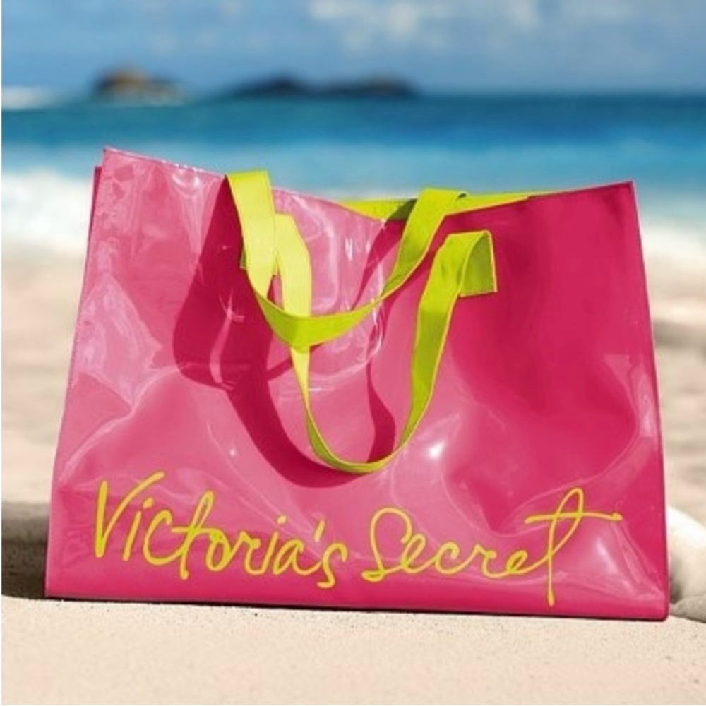 Victoria’s Secret Tote Bag Beach Bag Neon Coral Pink Lime Green Shopper … - Picture 3 of 13